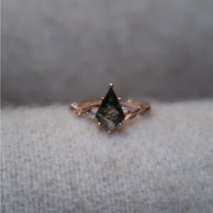 Kite Cut Green Moss Agate Engagement Ring, 14k Rose Gold Leaf Art Deco